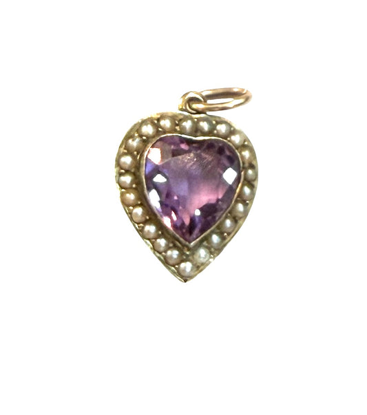 9ct antique heart charm pendant with amethyst and seed pearls