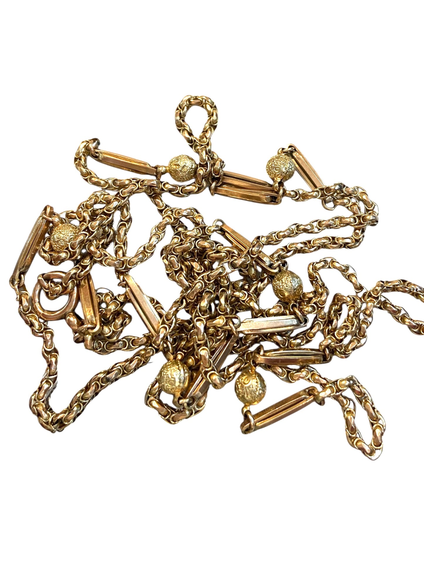 9ct Antique fancy link long guard chain. 57 1/2