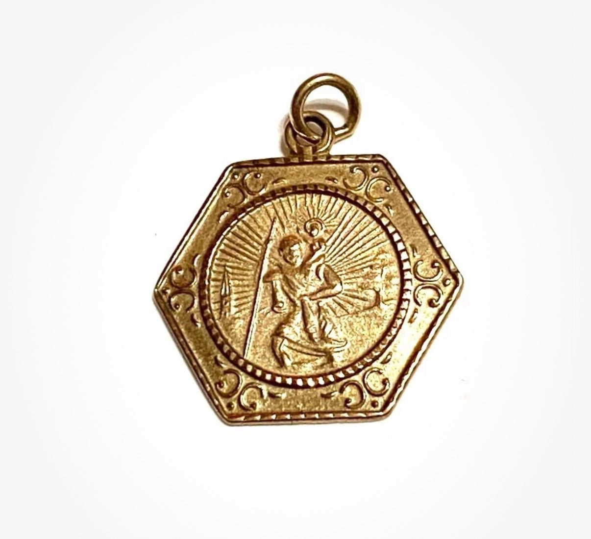 9ct vintage hexagonal st christopher charm - pendant circa 1973