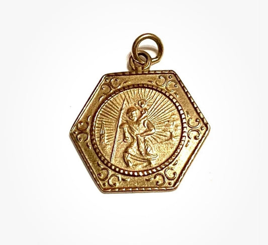 9ct vintage hexagonal st christopher charm - pendant circa 1973