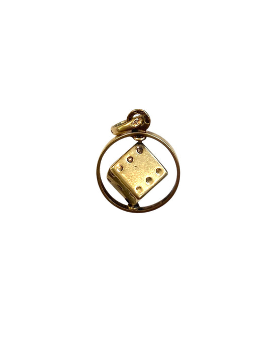 9ct vintage dice in disc charm / pendant. articulated maker STJ 2.4g circa 1978