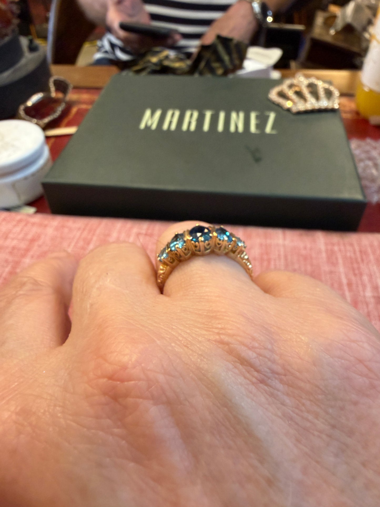 9ct vintage five stone topaz ring, size P maker GA