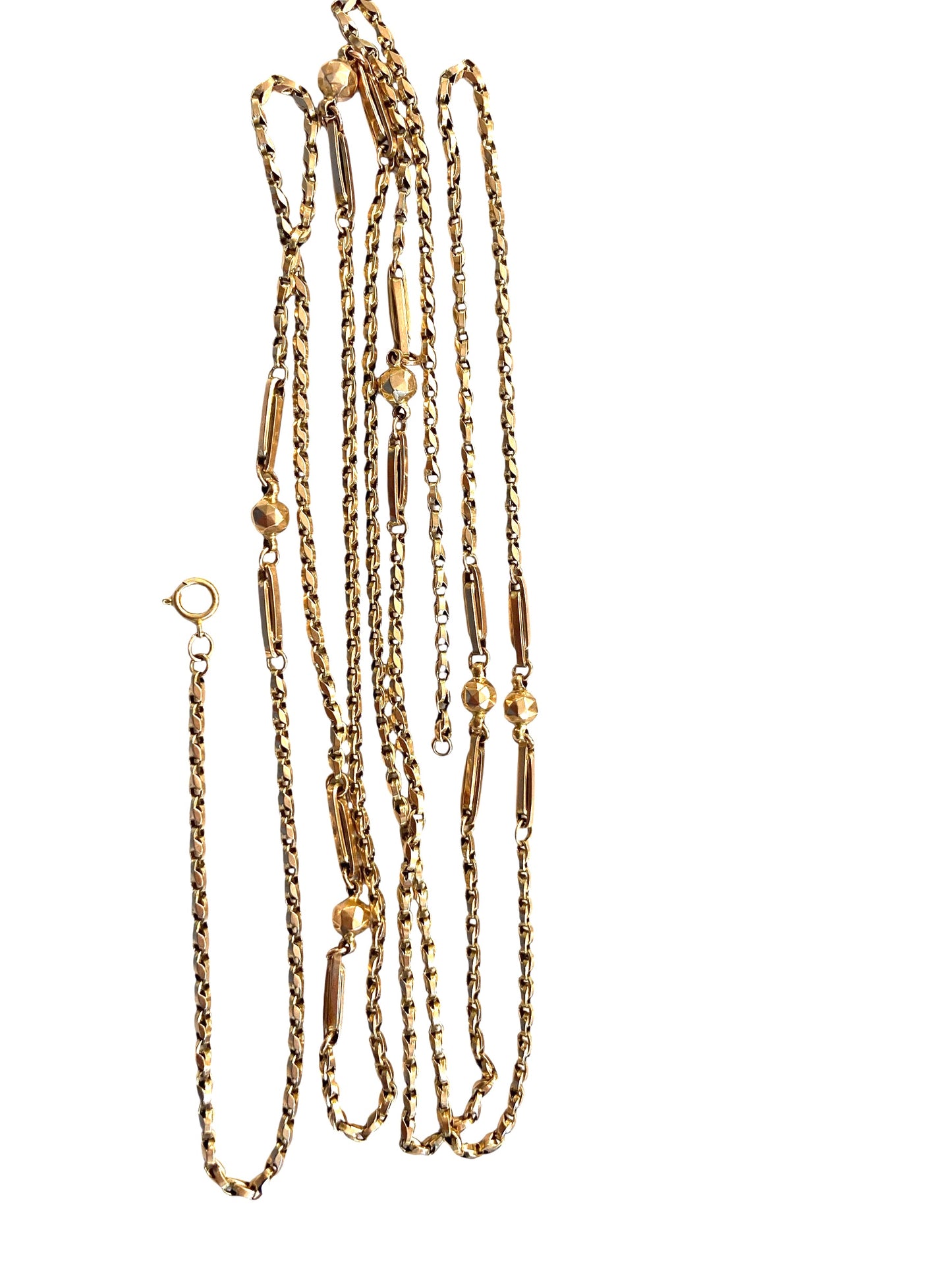 9ct antique long guard fancy chain, 60 inches long 30 grams