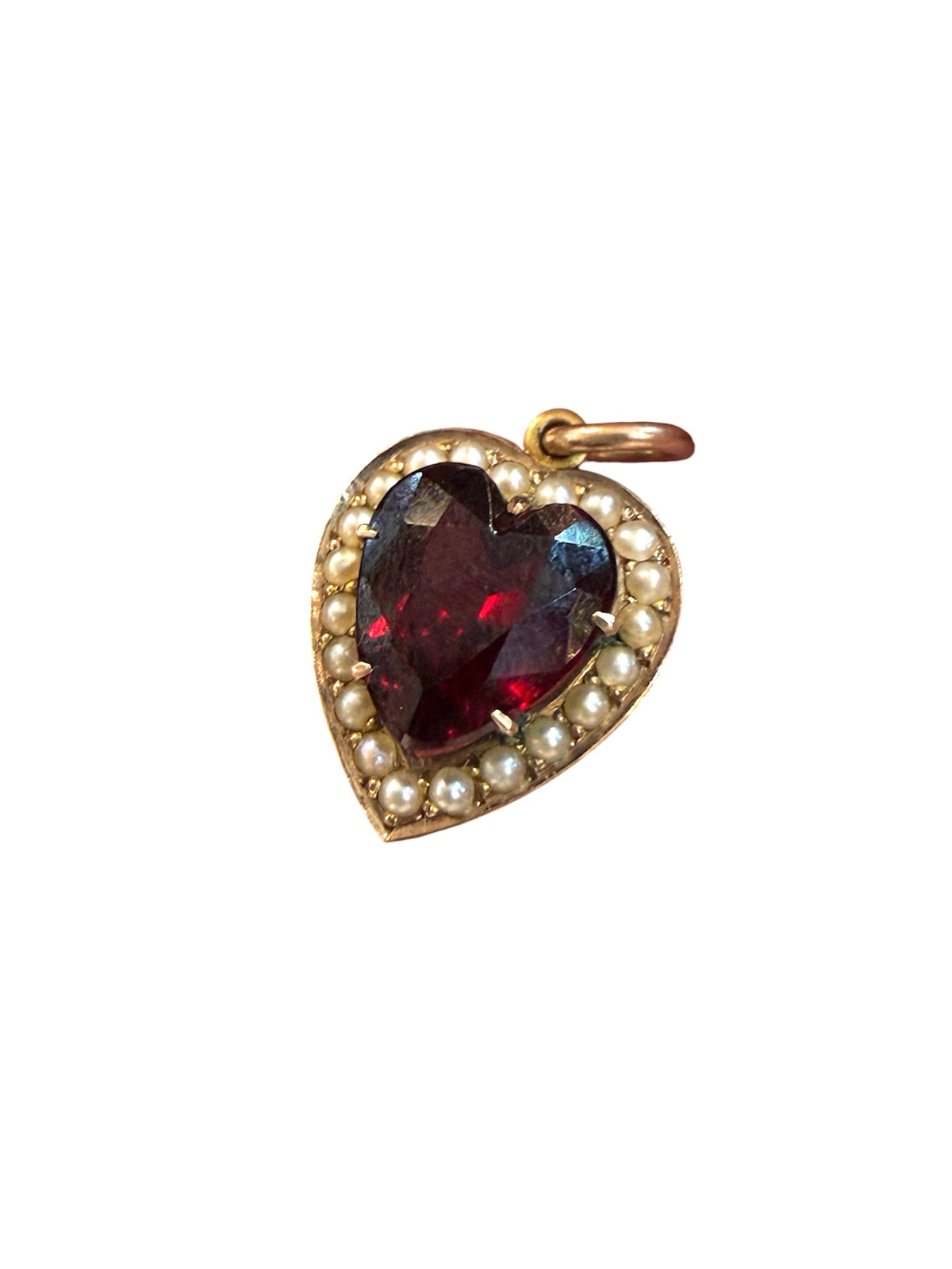 9ct antique red stone and pearl heart charm pendant