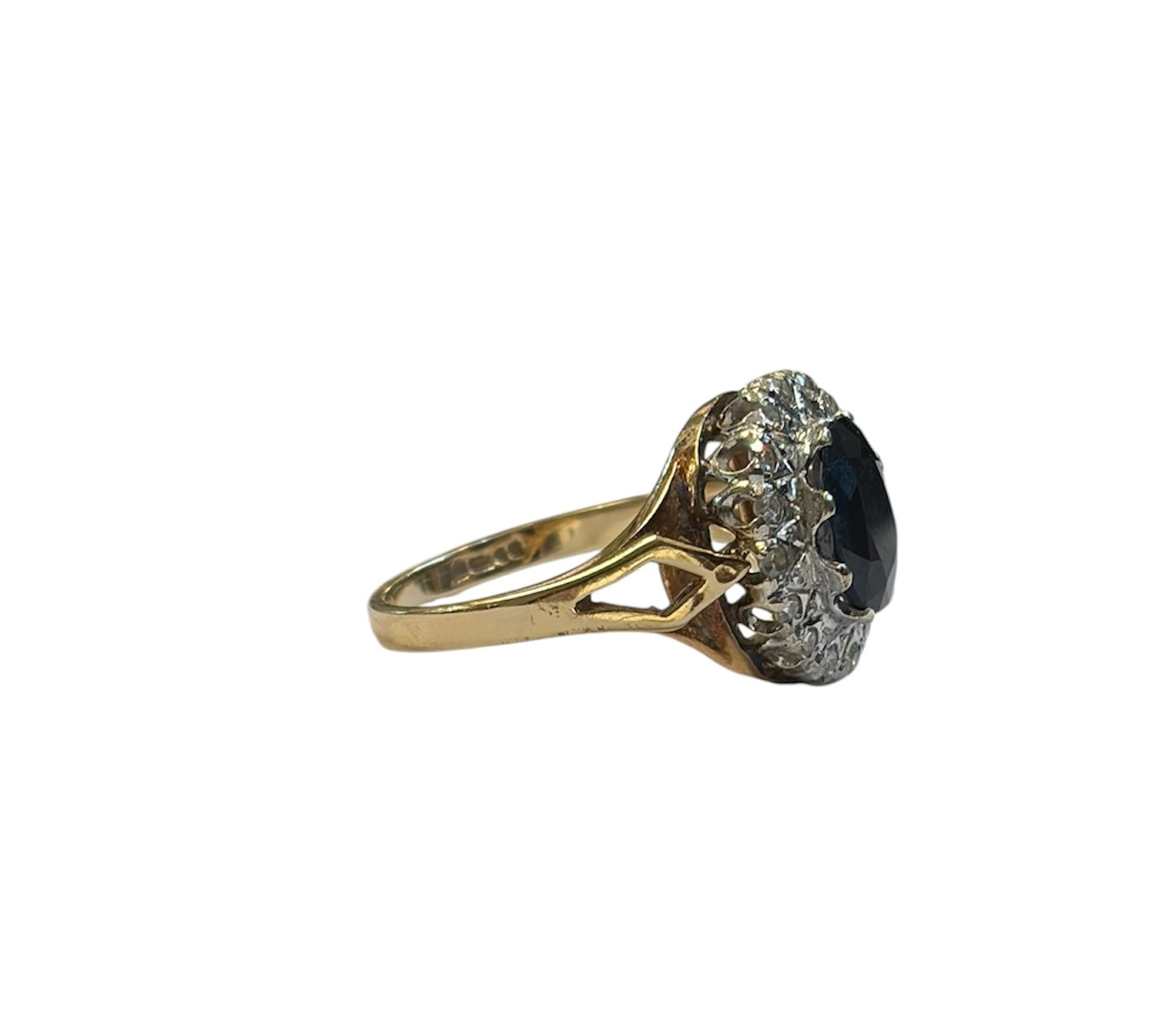 9ct vintage large sapphire and diamond ring size M 1/2 circa 1981