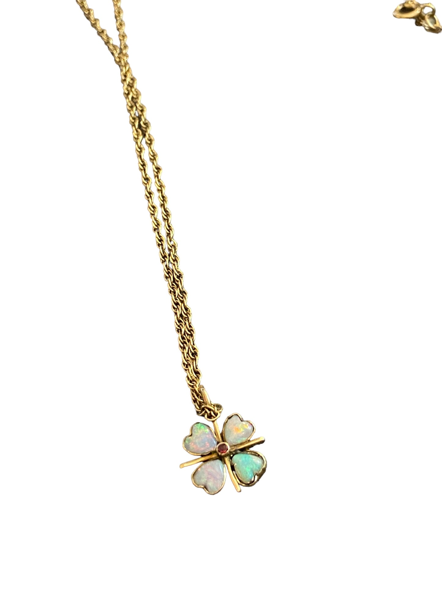 9ct vintage four leaf clover pendant with opals and 20 inch chain