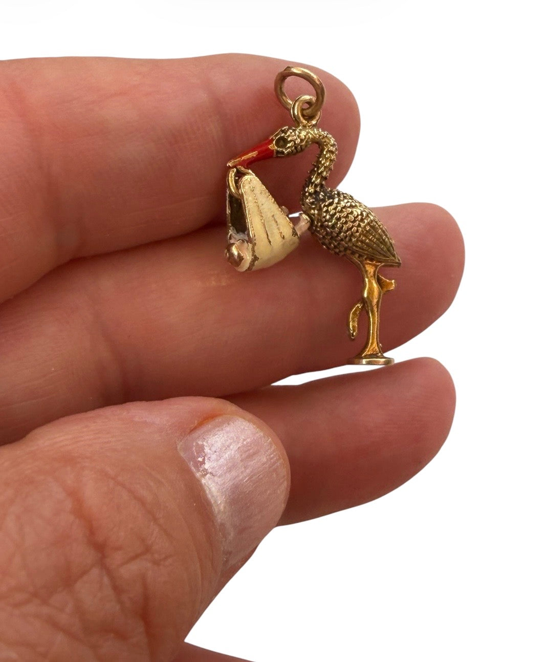 9ct vintage stork charm / pendant with baby. circa 1968 maker Georg Jensen 4.53g