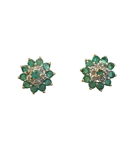 9ct vintage emerald and diamond clustre earrings