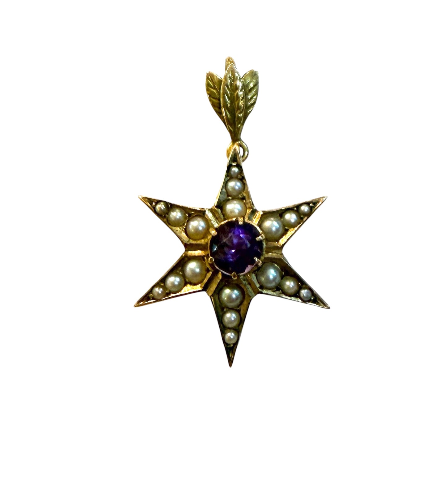 9ct vintage star pendant , with pearls and a central amethyst 3.05g