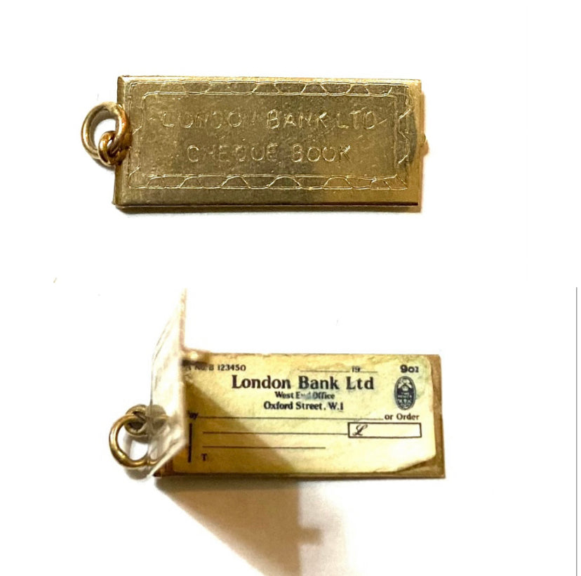 9ct vintage opening cheque book charm, with miniature cheques inside circa 1968