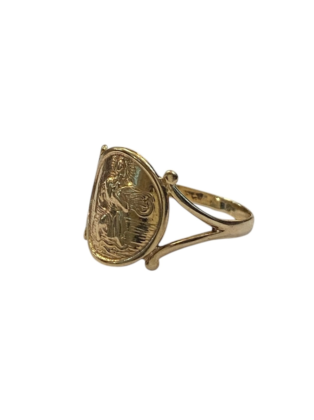 9CT VINTAGE ST CHRISTOPHER RING , SIZE S CIRCA 1985