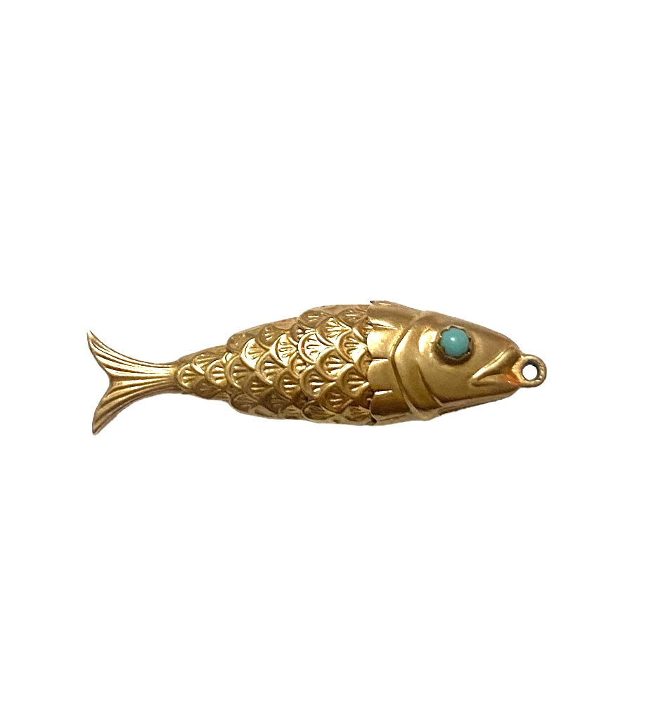 9ct vintage articulated fish charm with turquoise eyes