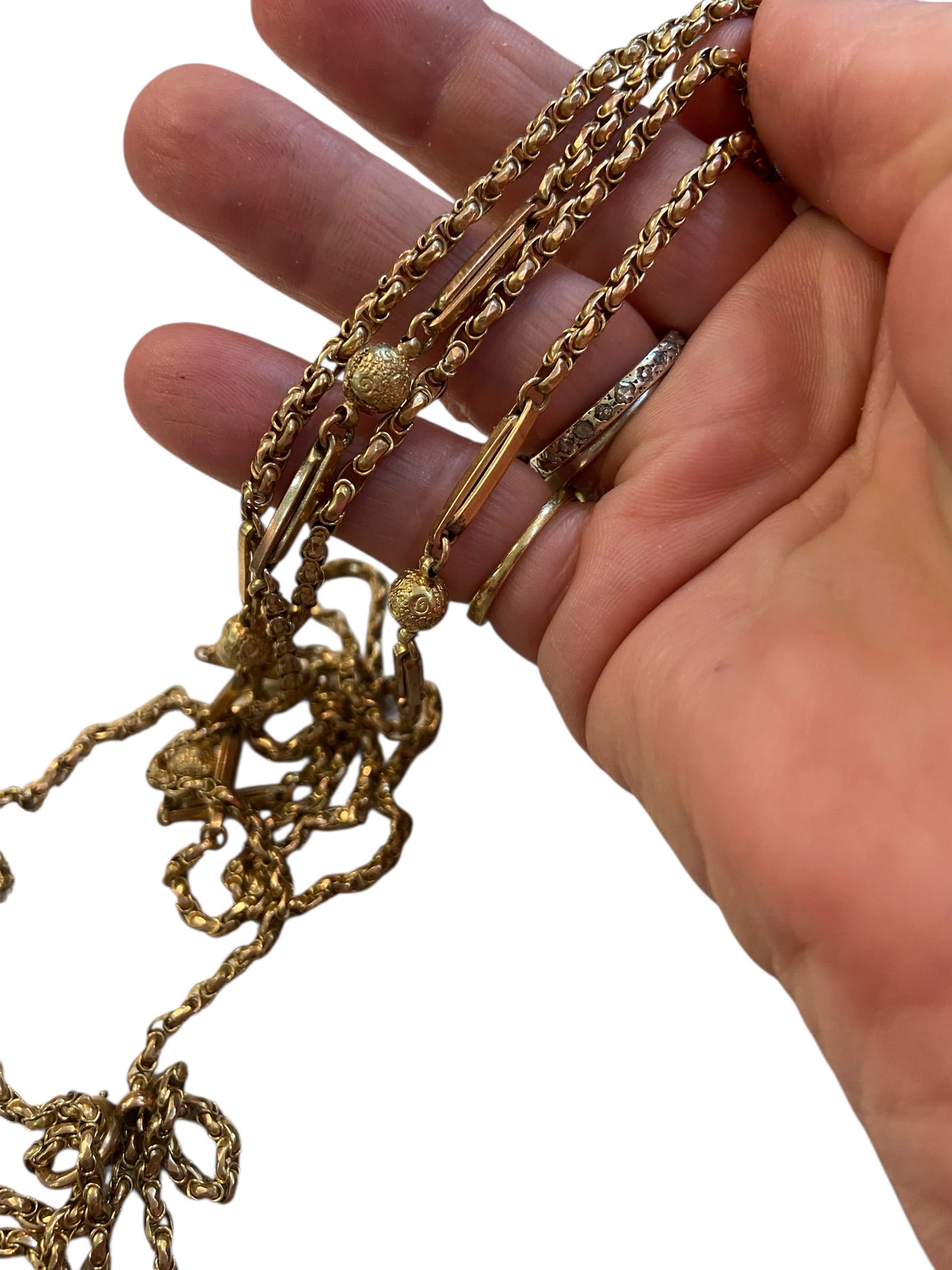 9ct Antique fancy link long guard chain. 57 1/2