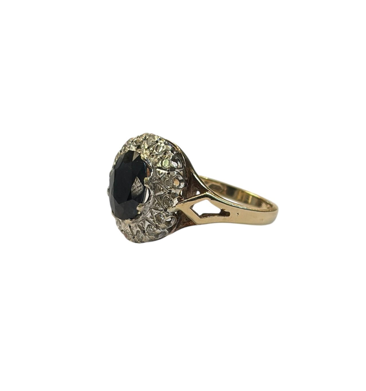 9ct vintage large sapphire and diamond ring size M 1/2 circa 1981