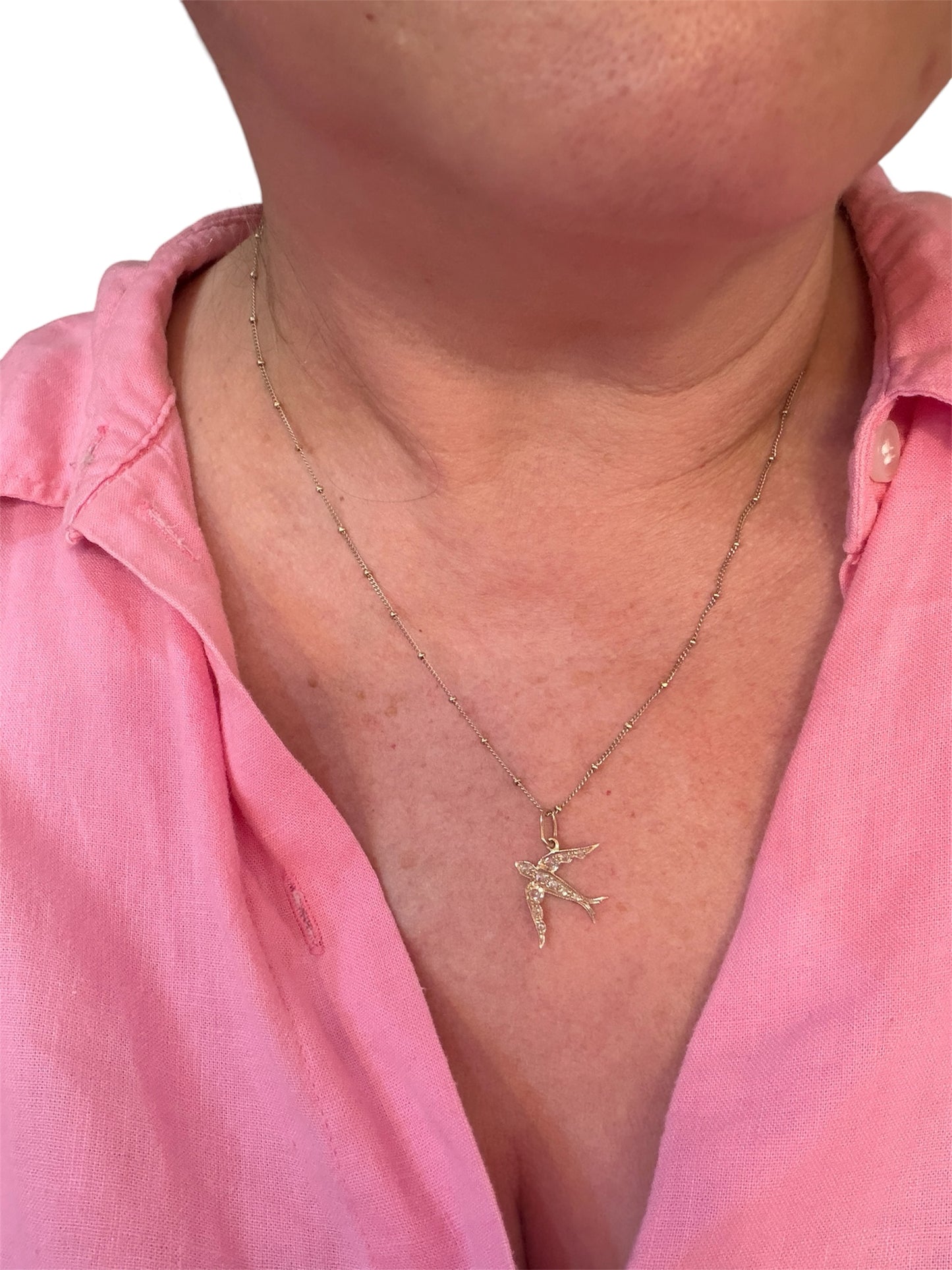 9ct vintage - preowned swallow / dove charm-pendant with rose cut diamonds.