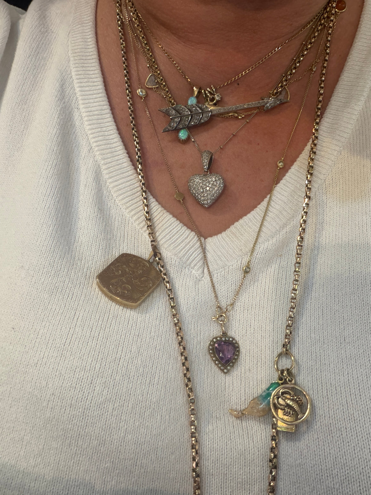 9ct antique heart charm pendant with amethyst and seed pearls