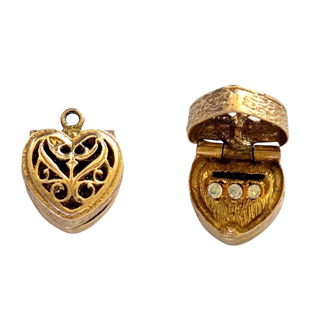 9ct vintage heart box charm, opening with a trilogy ring inside , 4.20g maker G&H