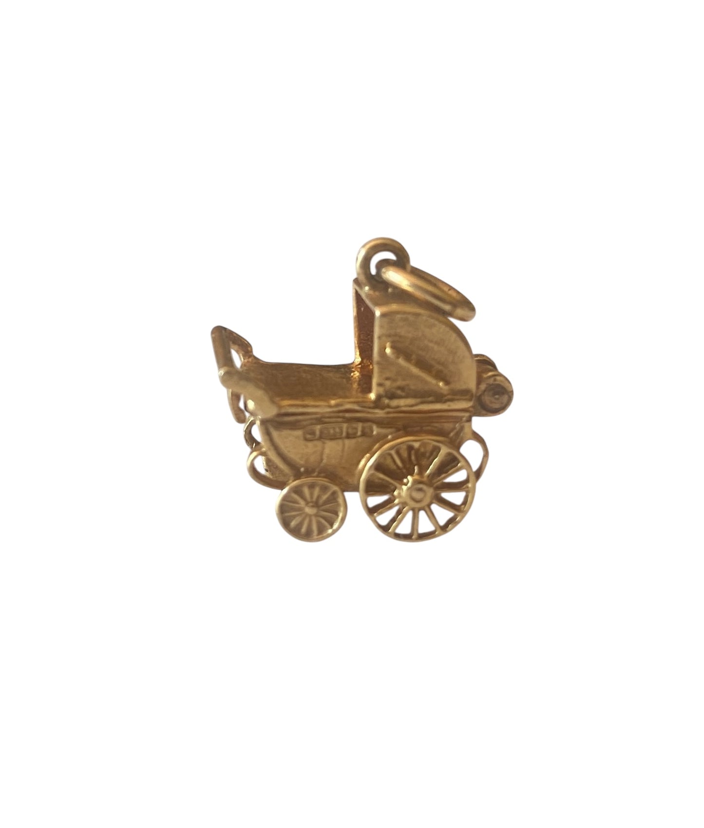 9ct vintage opening pram charm with baby inside.