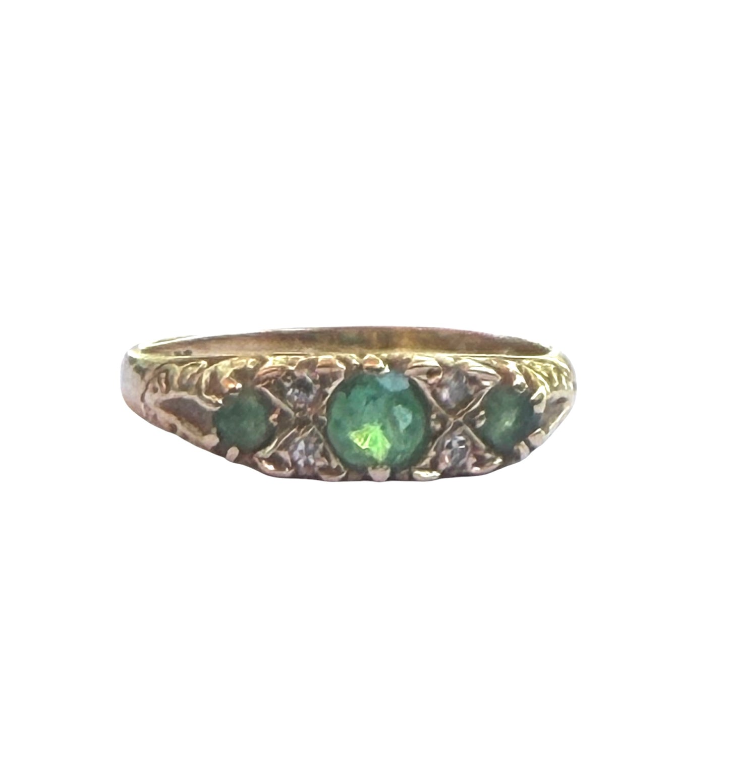 9ct vintage boat shape emerald and diamond ring size L 1/2