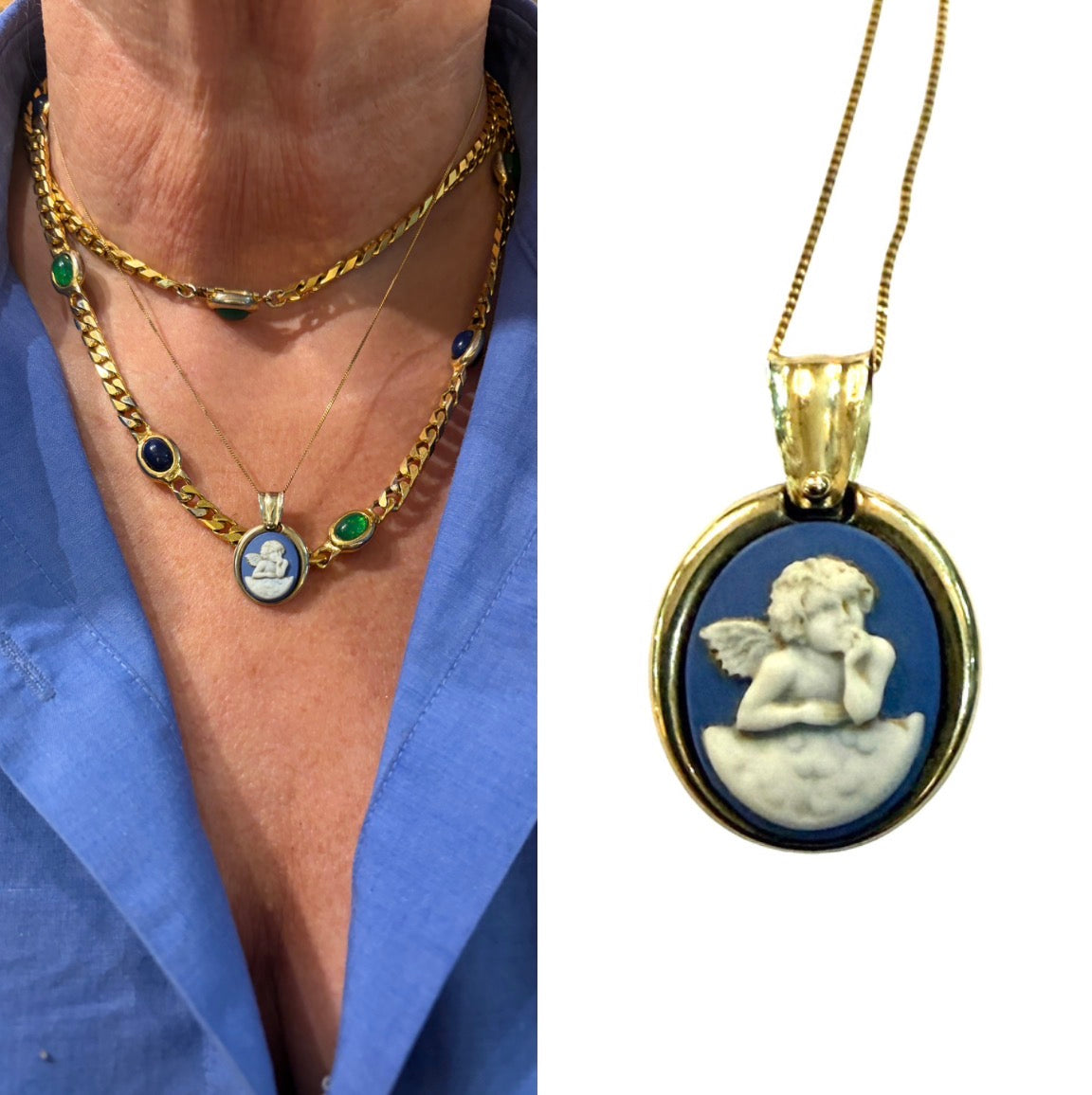 9ct vintage / preowned blue jasper guardian angel pendant and chain