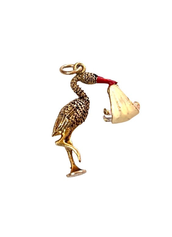 9ct vintage stork charm / pendant with baby. circa 1968 maker Georg Jensen 4.53g
