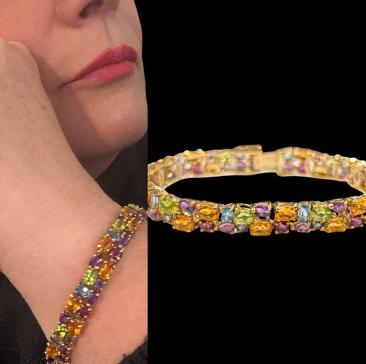 9ct vintage pre owned multi gem stone bracelet . 7 1/2 inches (18.5 cm)