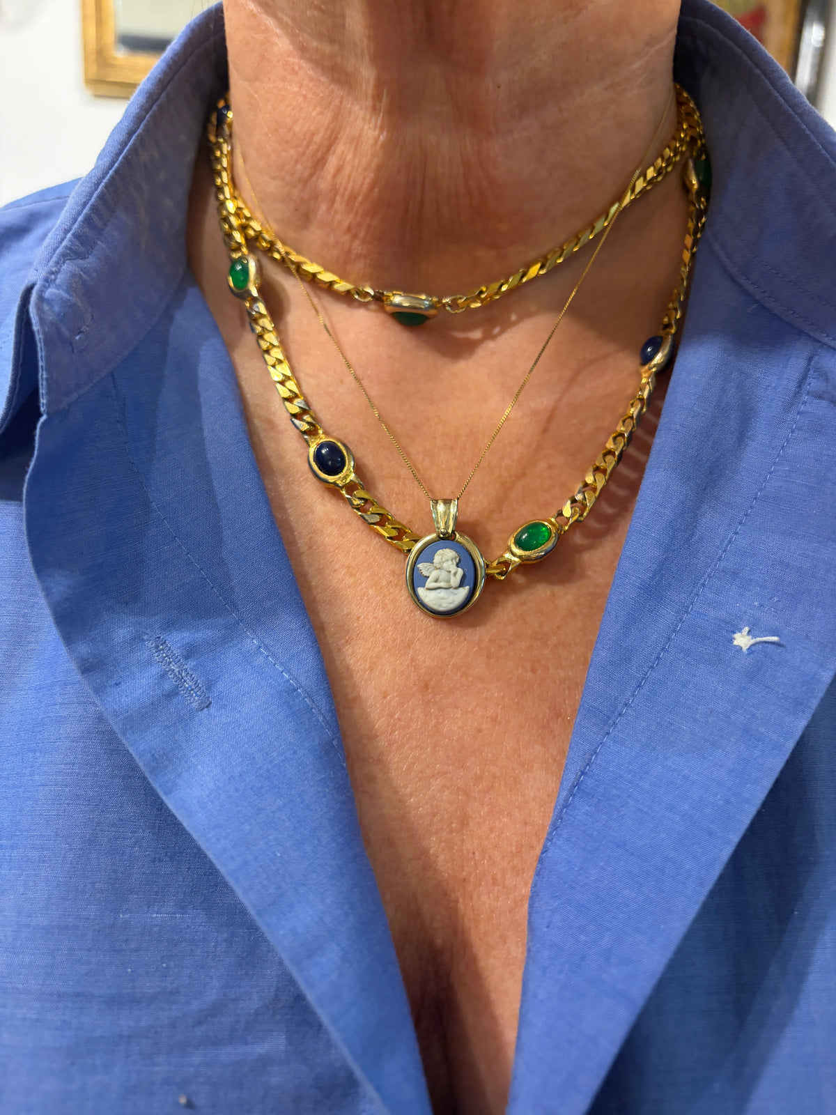 9ct vintage / preowned blue jasper guardian angel pendant and chain