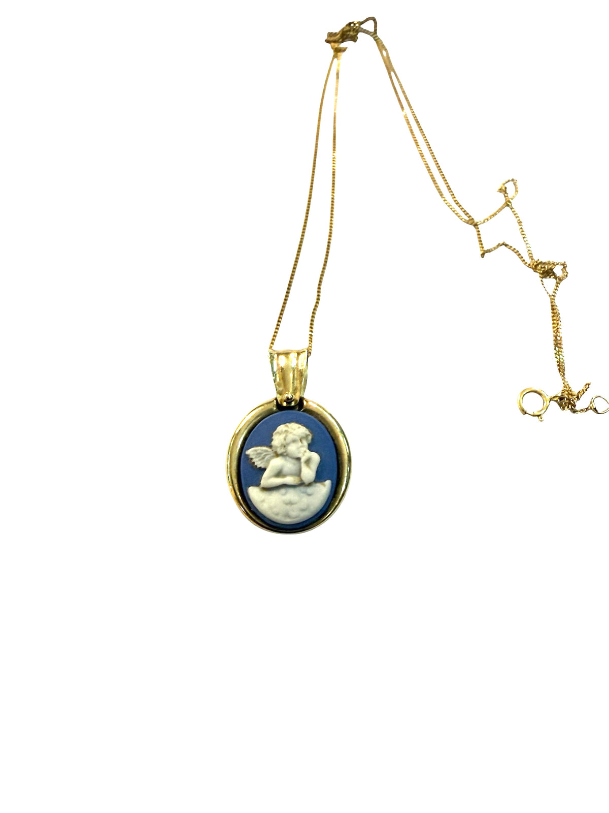 9ct vintage / preowned blue jasper guardian angel pendant and chain