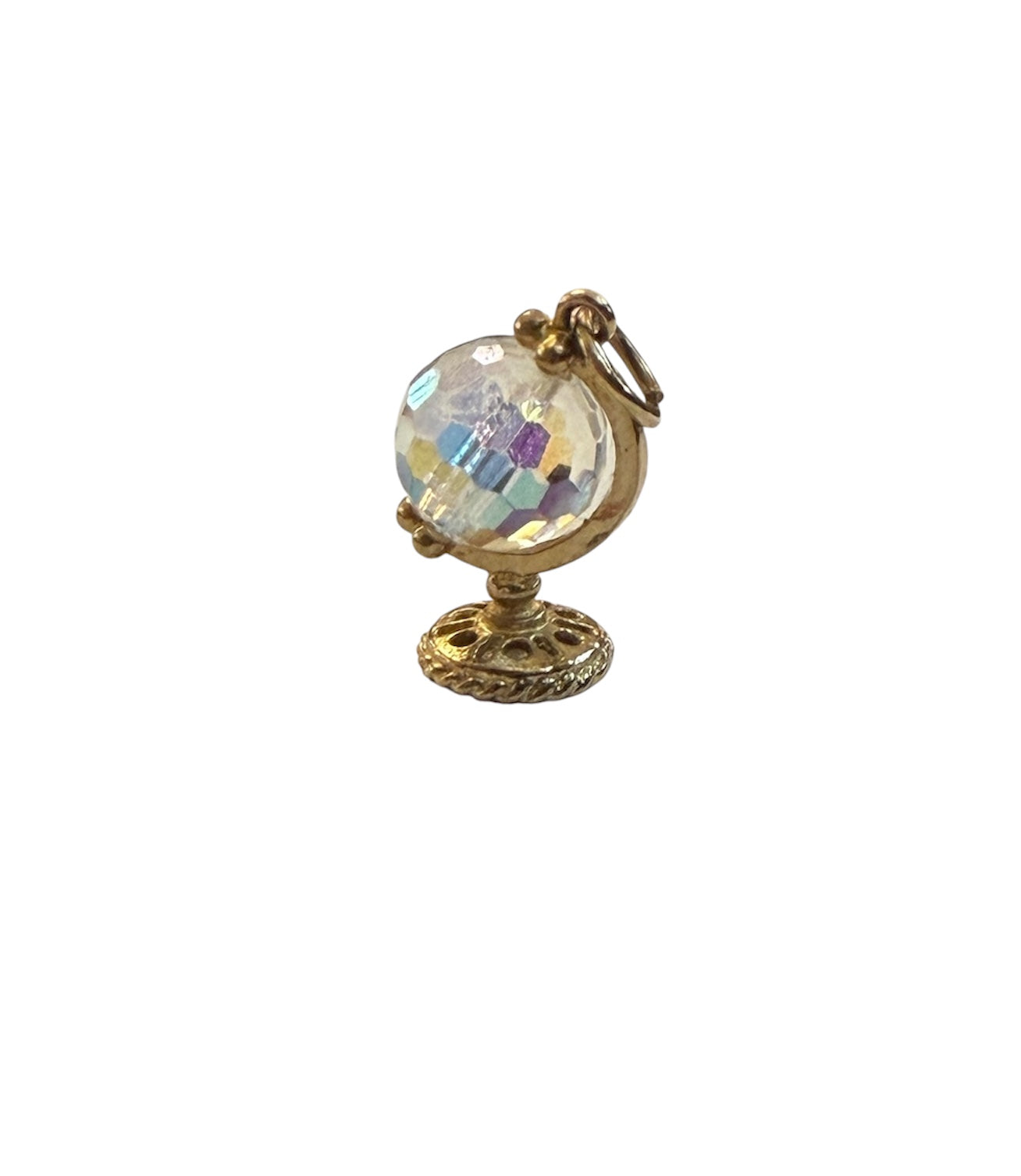 9ct vintage globe charm with crystal, rotating,
