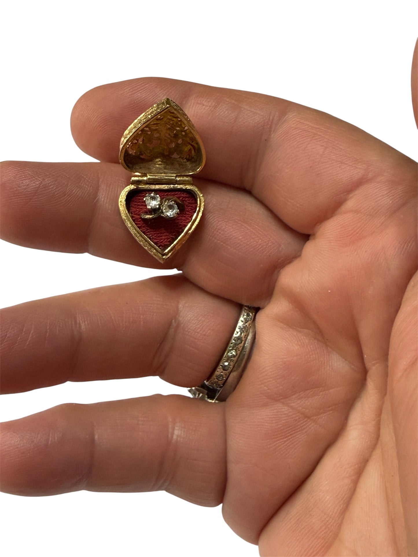 9ct vintage opening heart box charm with ring inside by fm circa 1965