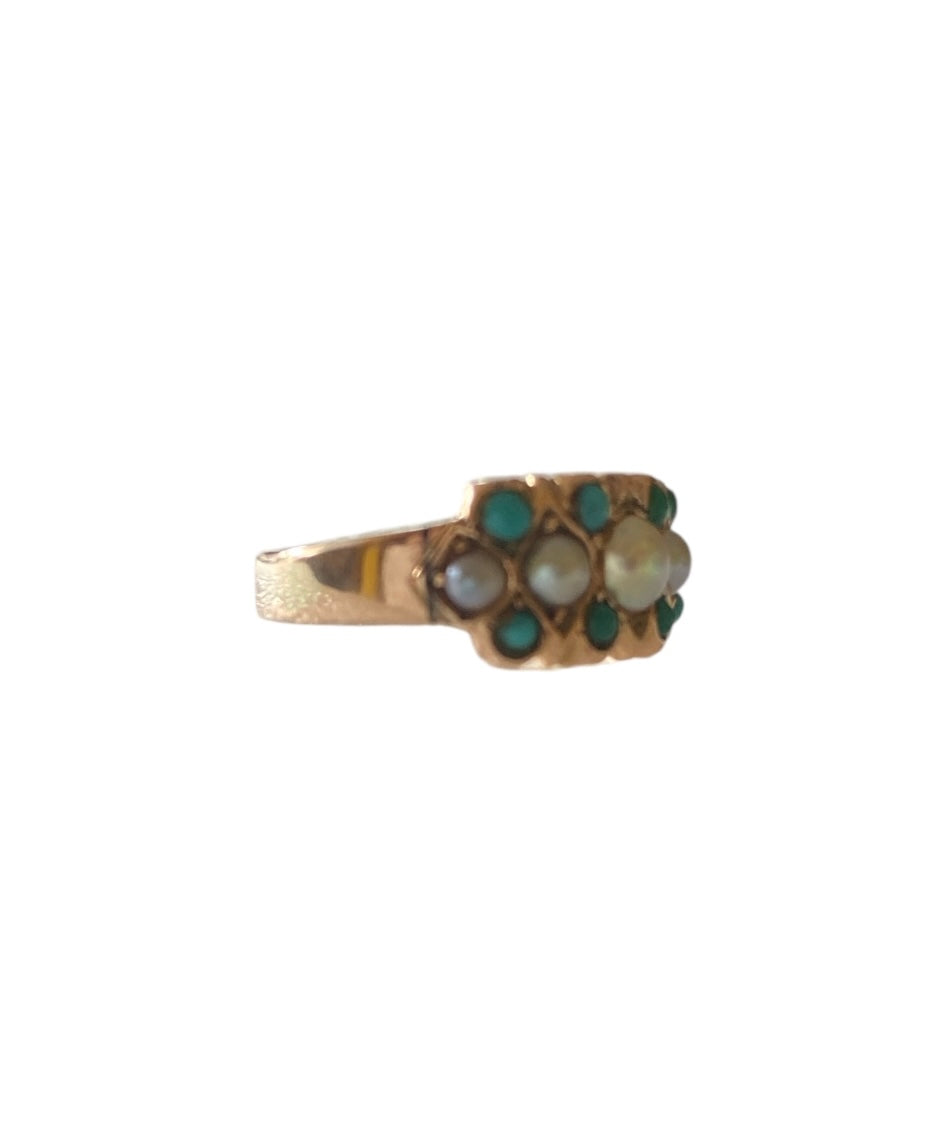9ct victorian ring with turquoise and pearls, ring size I. circa 1879.