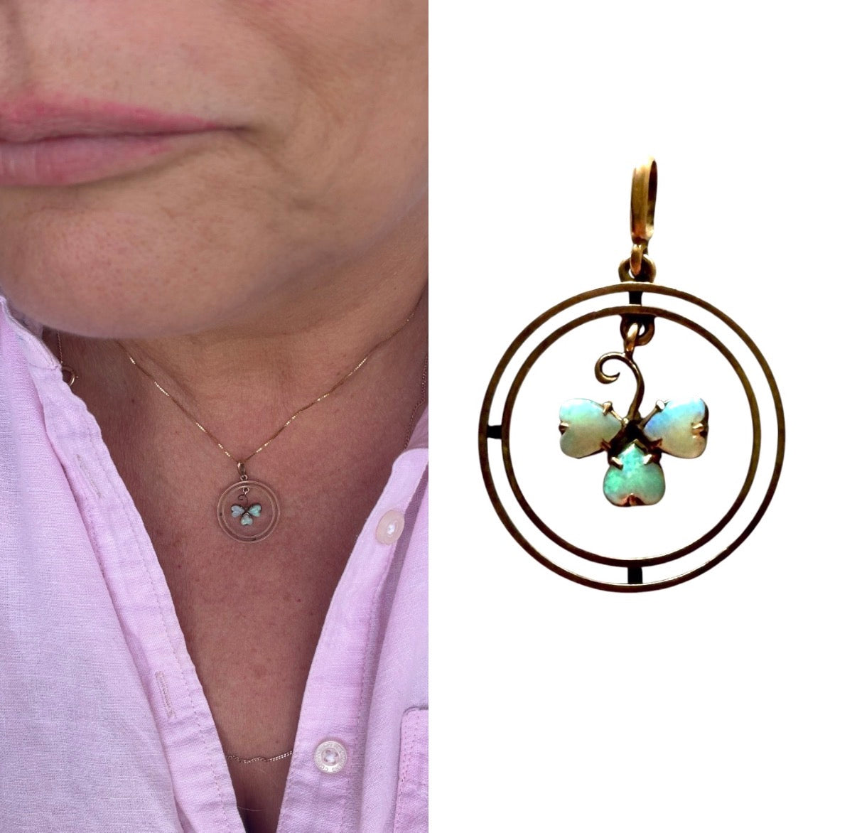 9ct 1920s vintage rose gold pendant withan opal three leaf clover in centre 1.46g