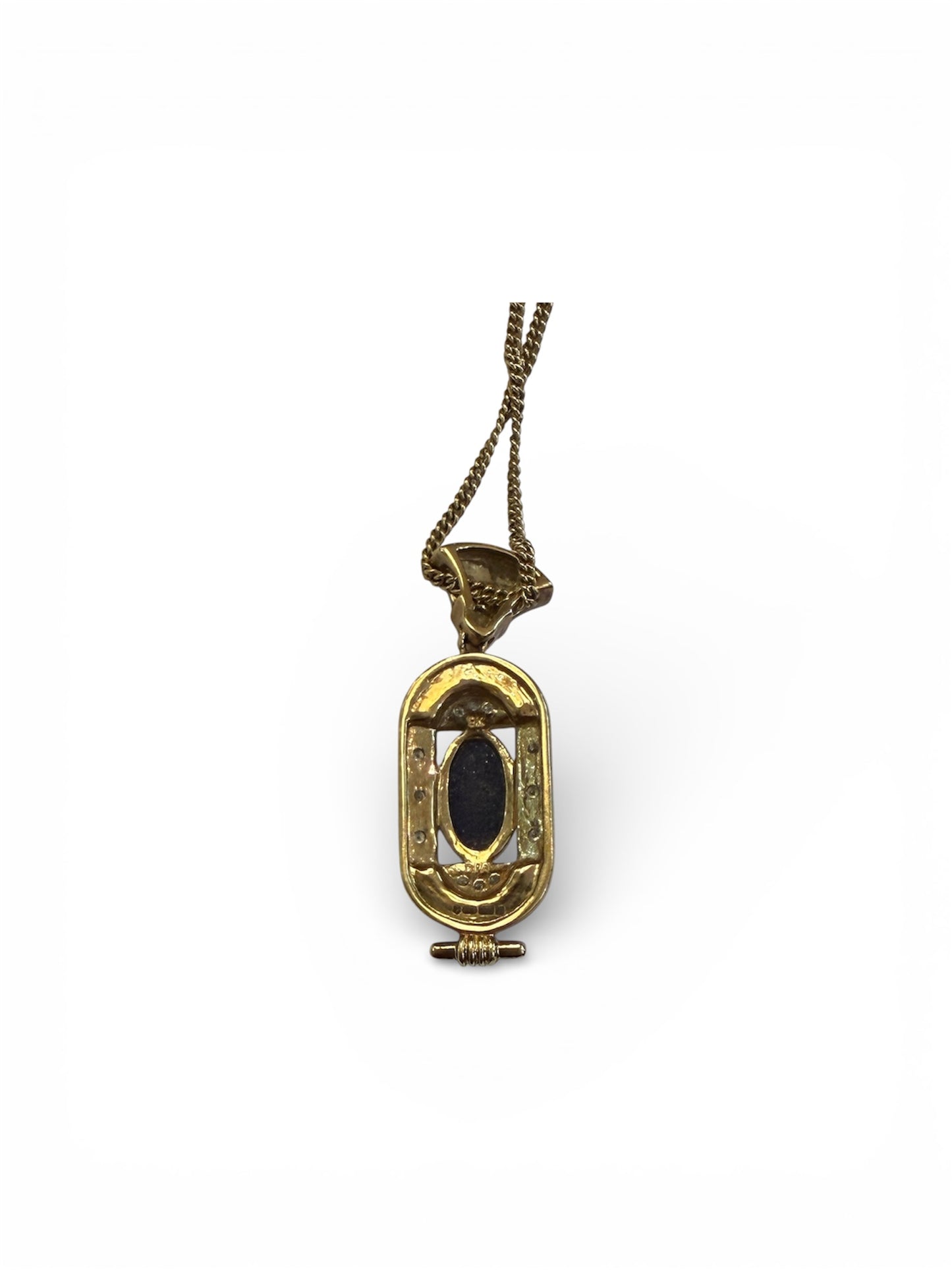 9ct vintage pendant and chain , lapiz and diamonds 16 3/4 inches