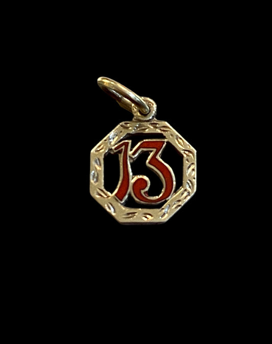 14ct 585 vintage enamel lucky '13' charm / pendant enamel