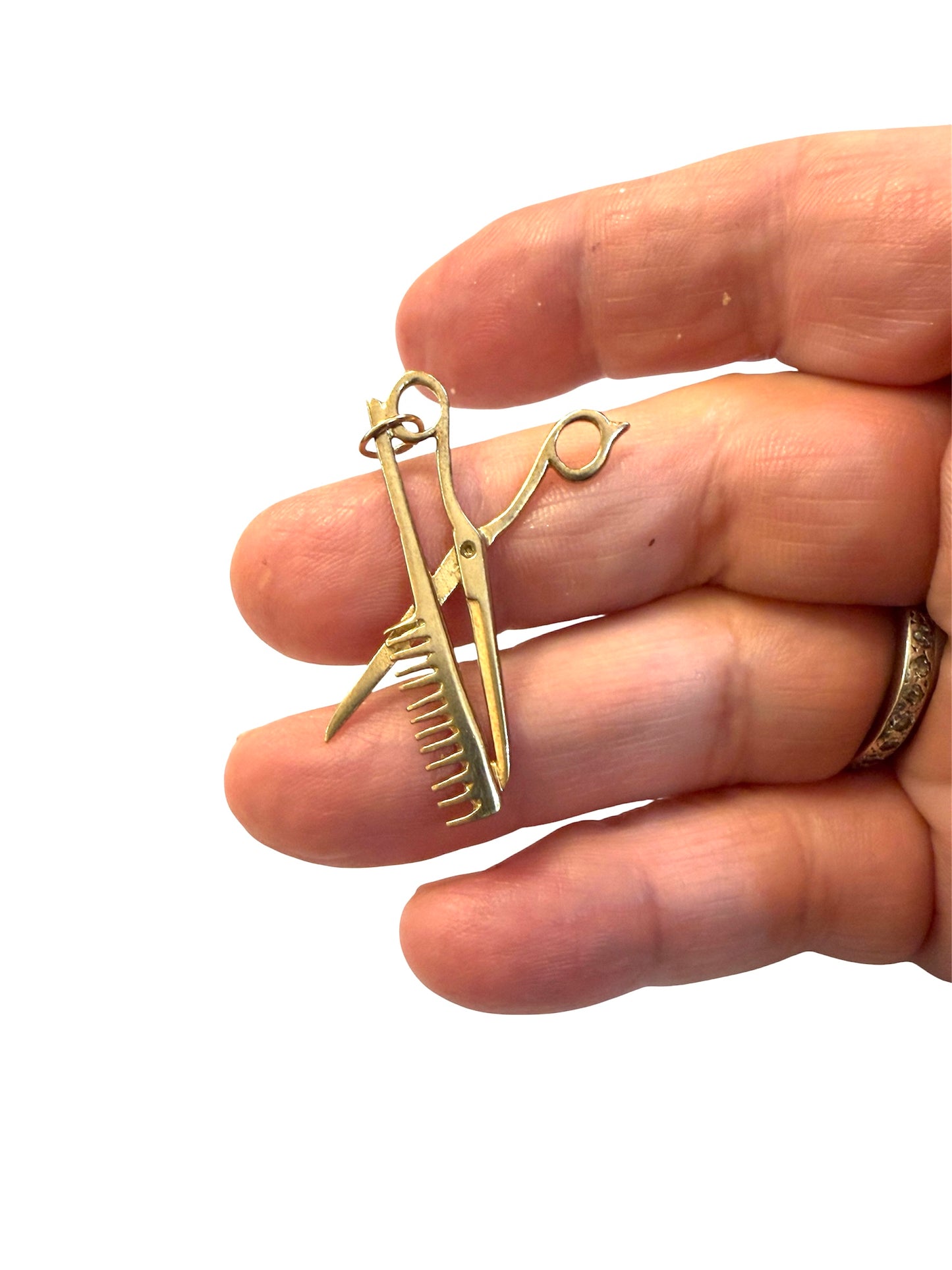9ct vintage scissor and comb charm / pendant circa 1993 , maker OJ 2.43g
