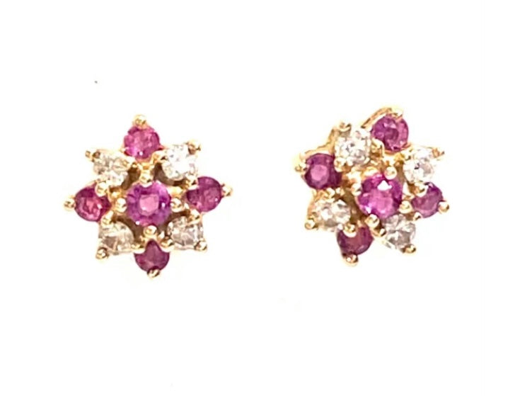 9ct 375 vintage gold ruby and diamond earrings / studs
