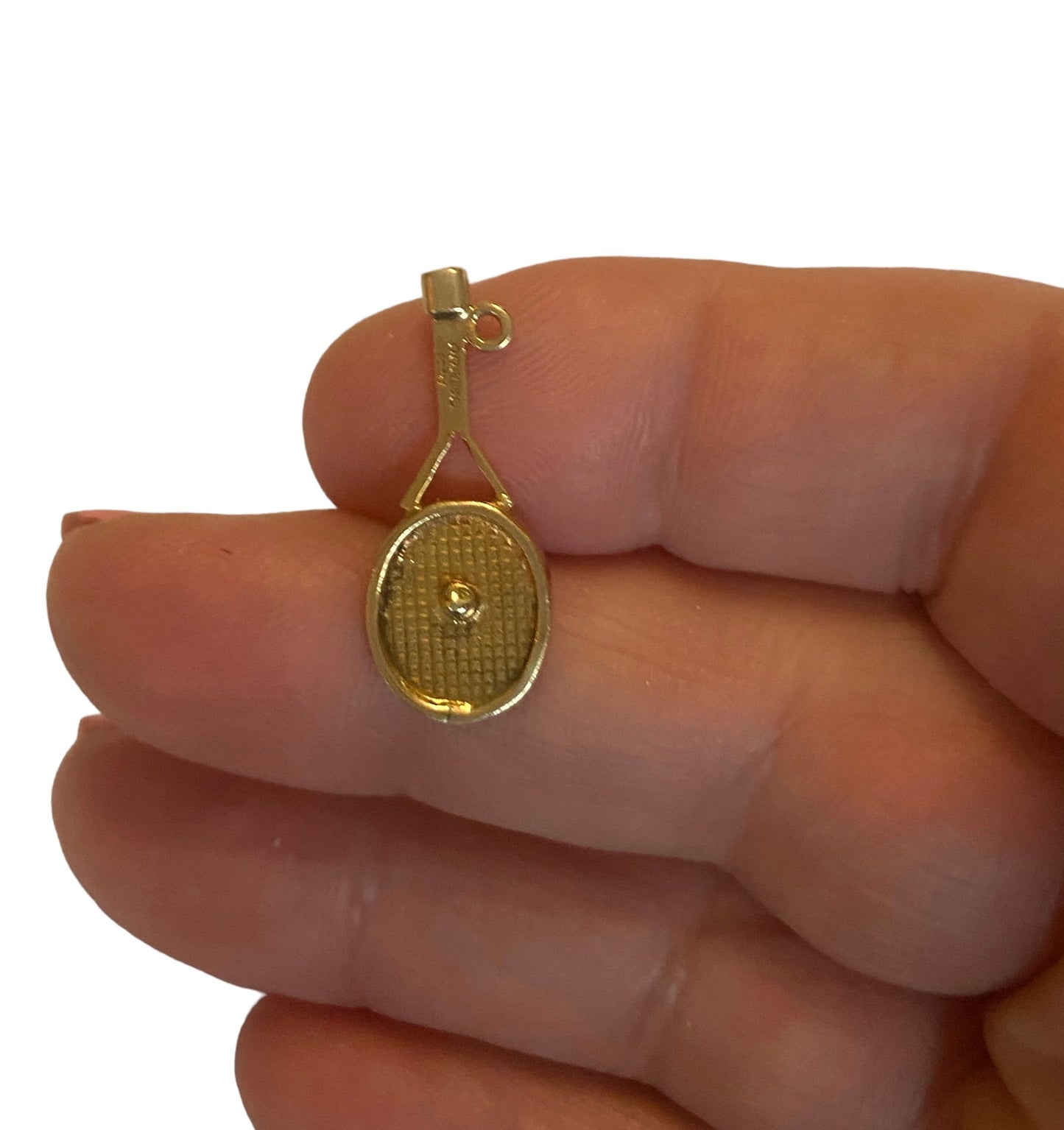 9ct vintage gold tennis racket charm with ball circa 1968