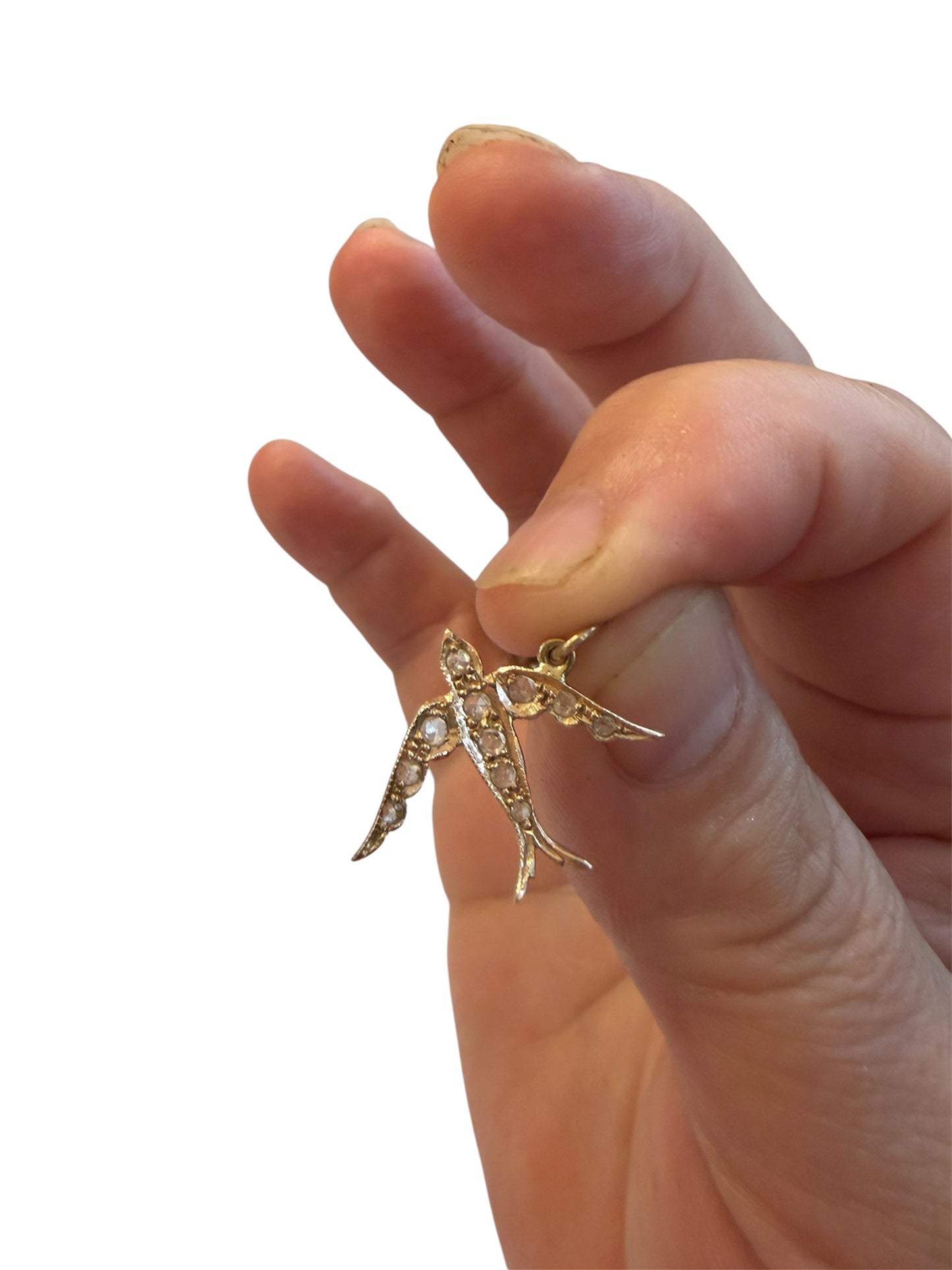 9ct vintage - preowned swallow / dove charm-pendant with rose cut diamonds.