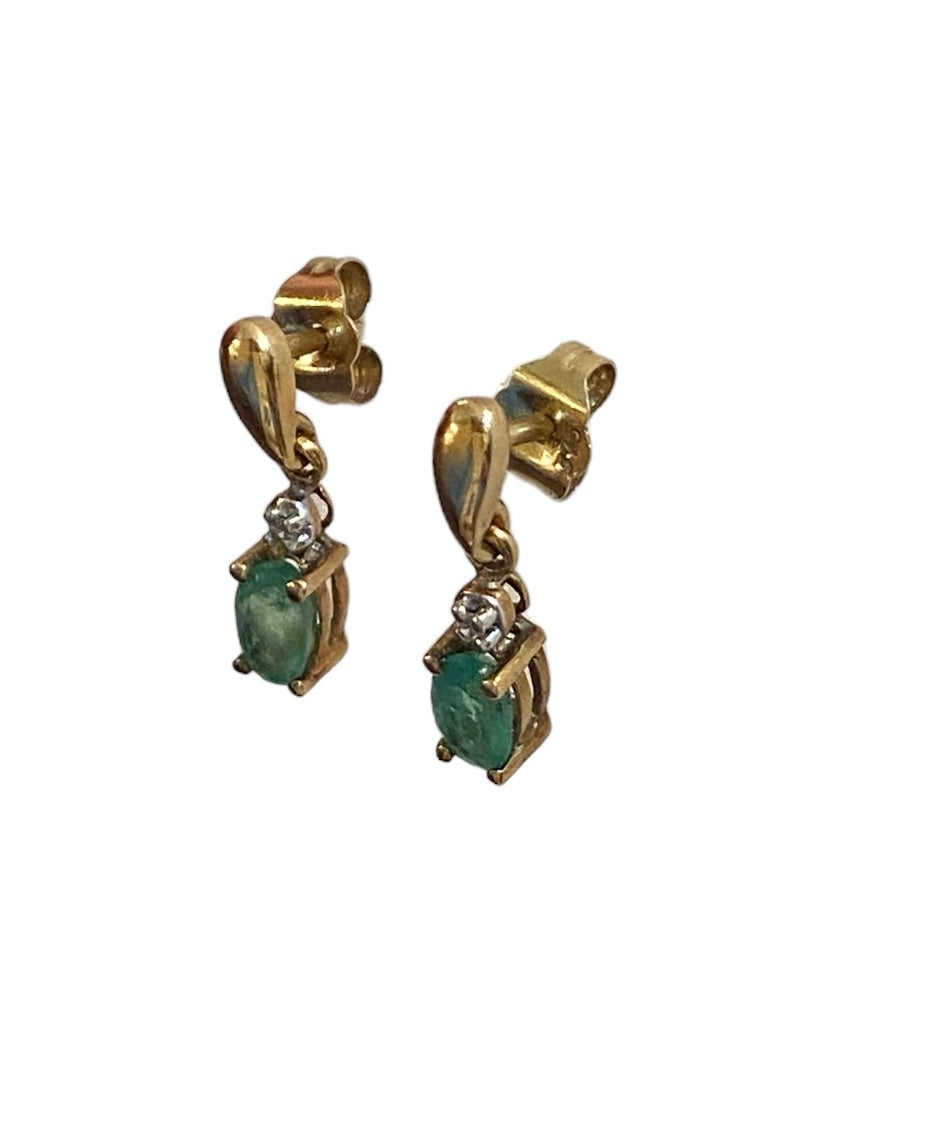 9ct vintage / pre loved emerald and diamond drop earrings