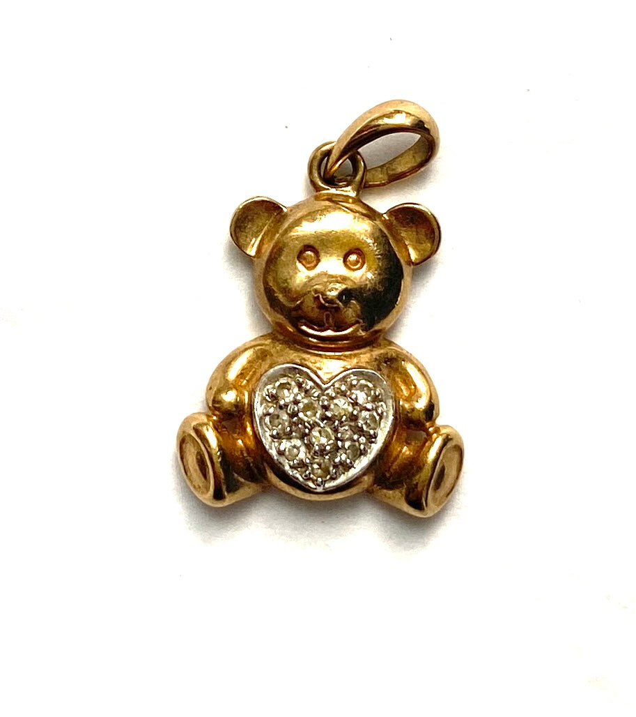 9ct vintage / pre owned teddy bear pendant / charm with diamonds