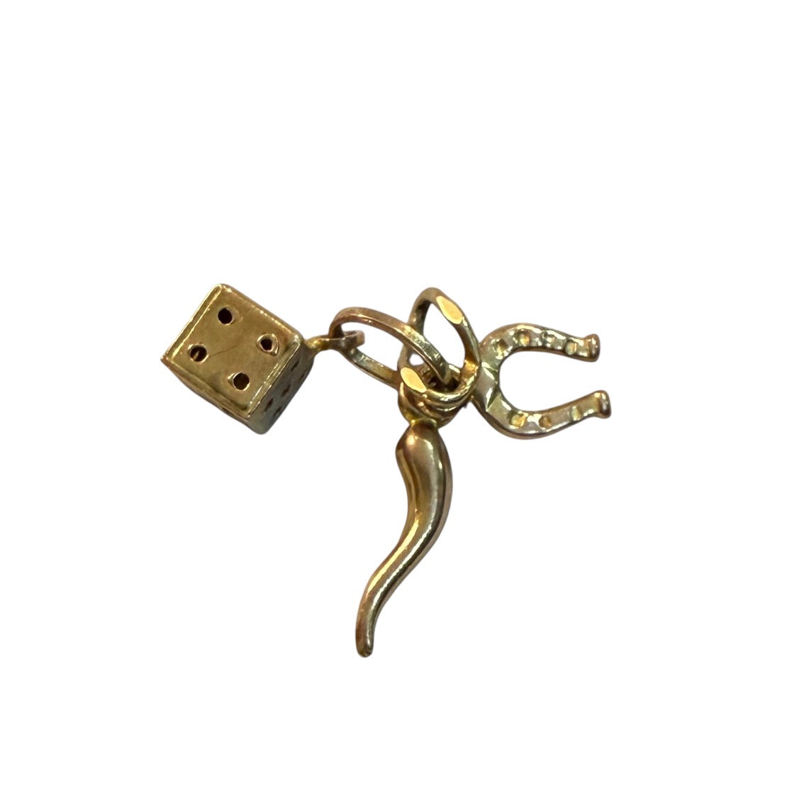 9ct vintage lucy charm with dice, horn of plenty and horseshoe 0.68g