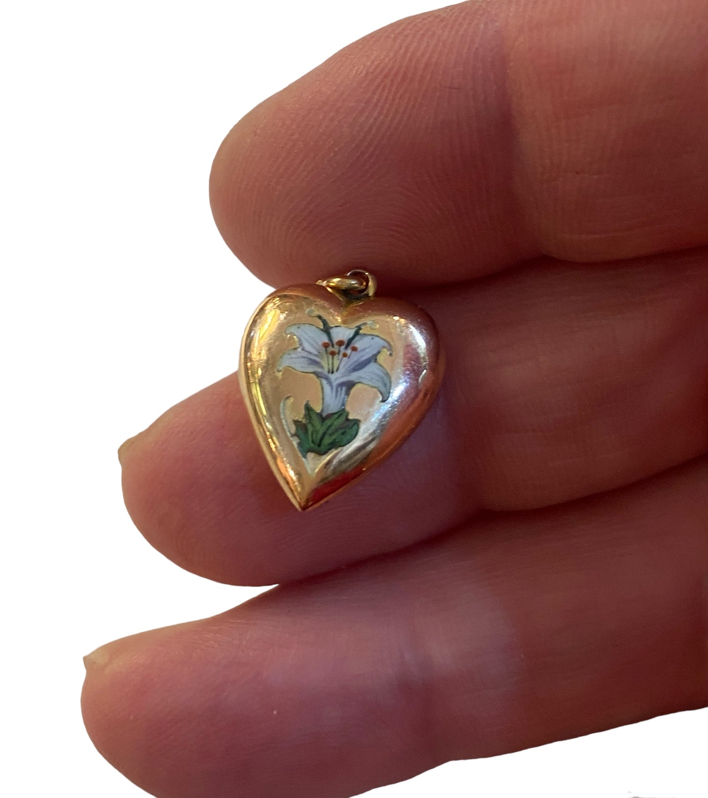 9ct Antique hollow heart pendant /charm with an enamel Lily flower