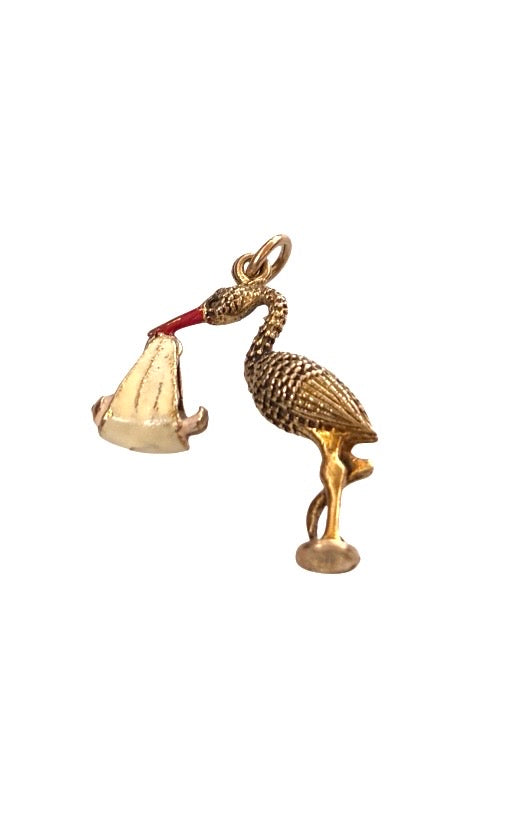 9ct vintage stork charm / pendant with baby. circa 1968 maker Georg Jensen 4.53g