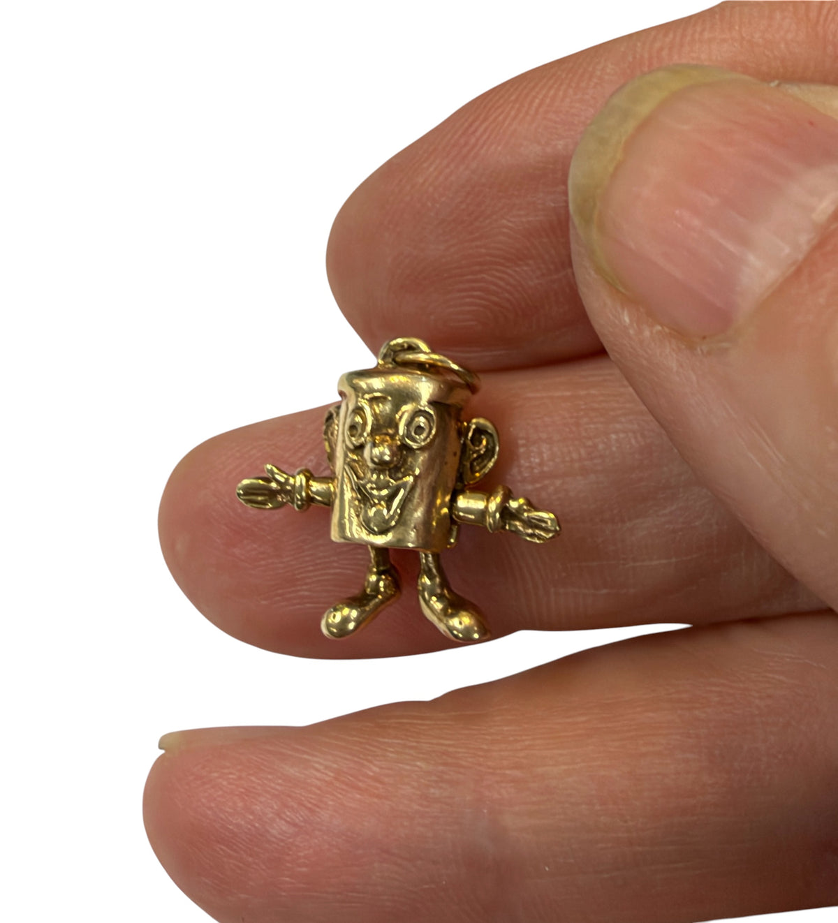 9ct 375 pre owned vintage dusty bin charm, articulated ,  2.4g