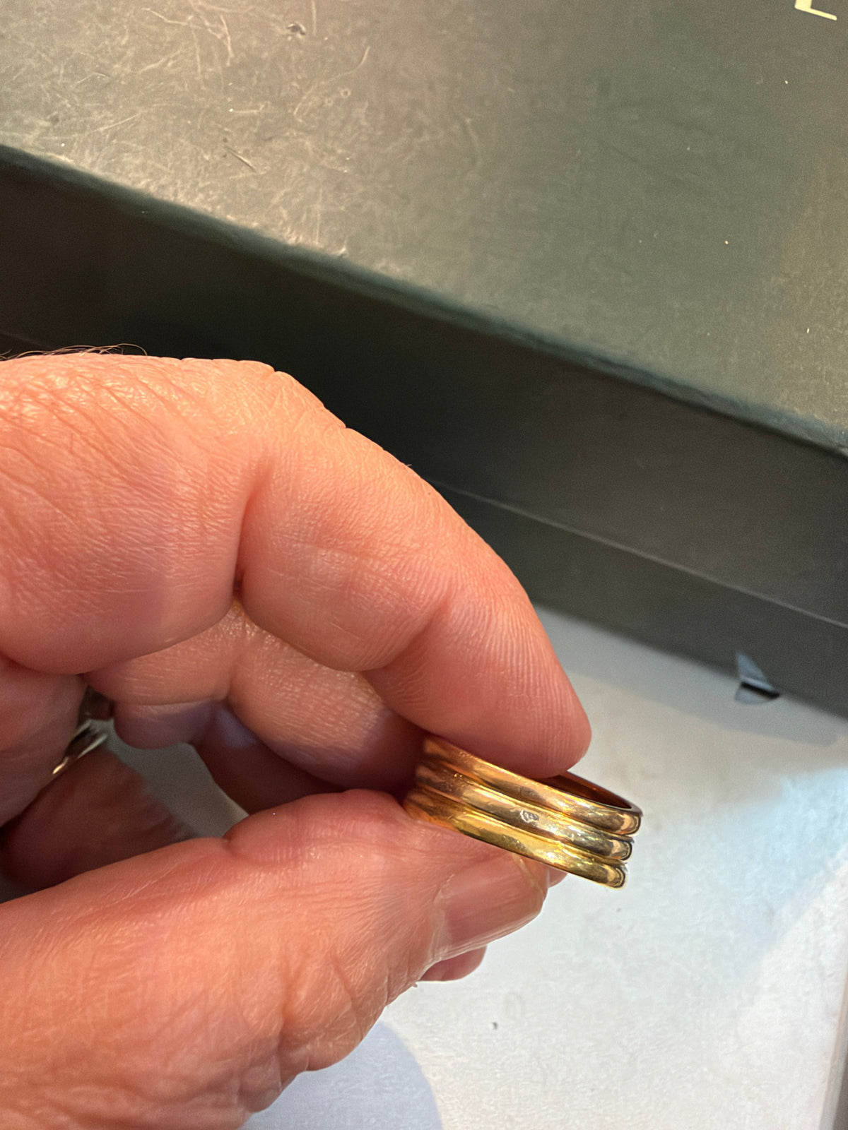 18ct vintage french ring, three colour gold and diamond. ring size M 1/2