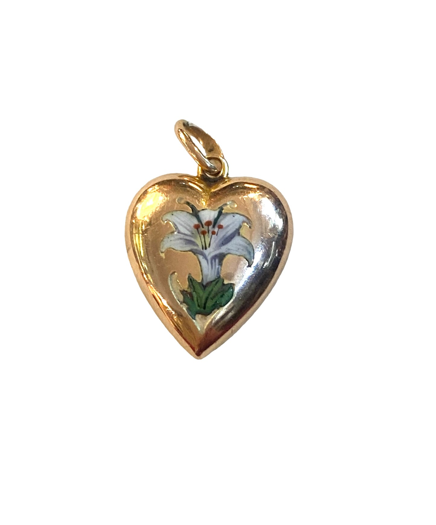 9ct Antique hollow heart pendant /charm with an enamel Lily flower