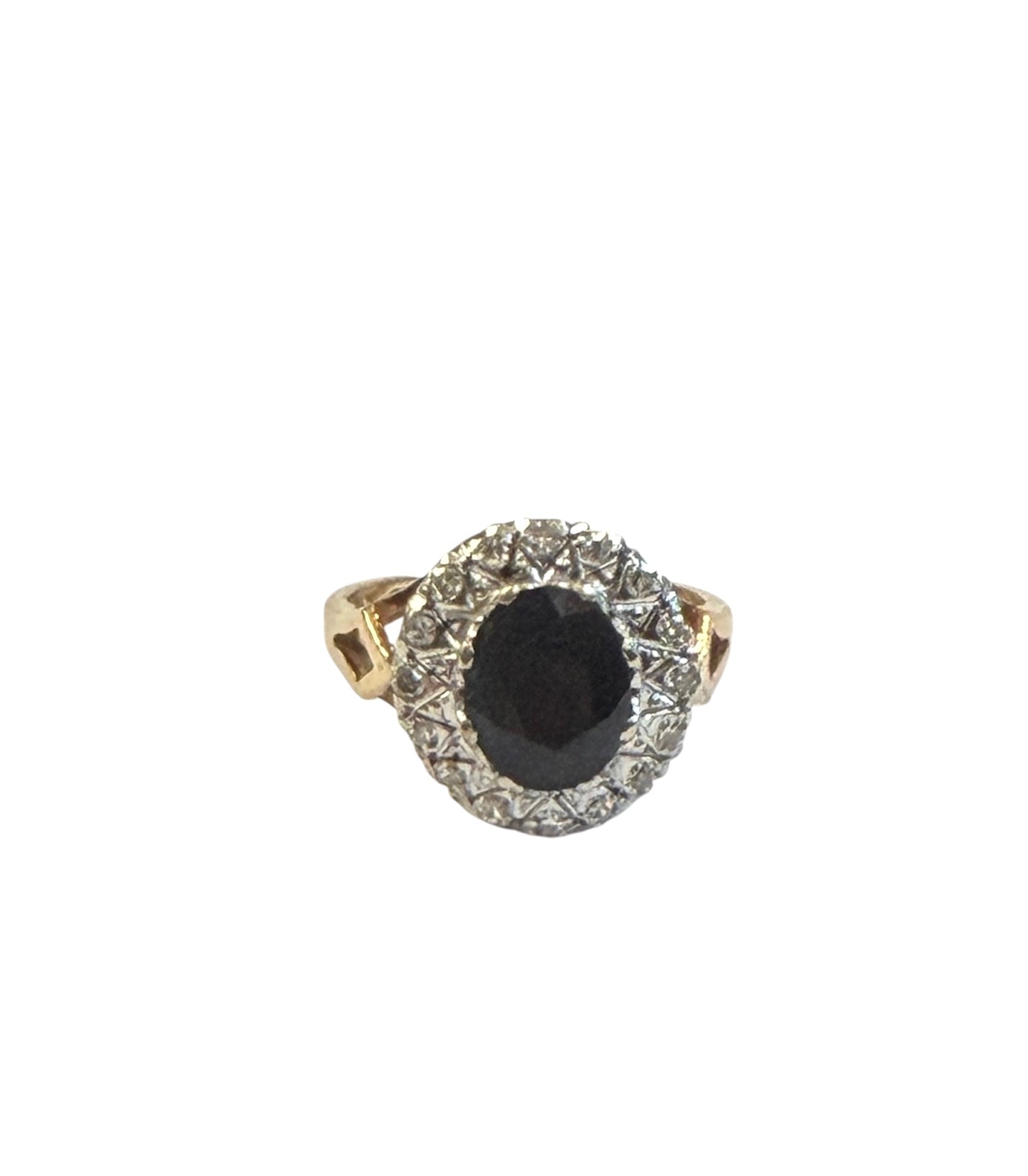 9ct vintage large sapphire and diamond ring size M 1/2 circa 1981