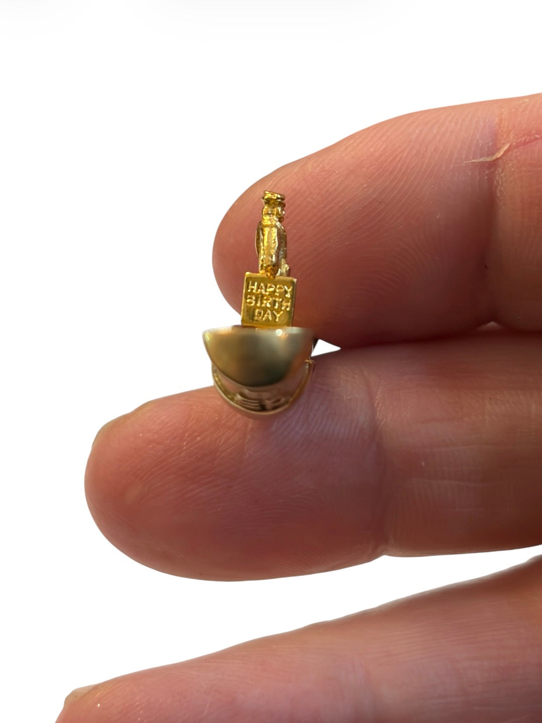 9ct vintage postbox charm opening with a postman holding a happy birthday card circa 1960