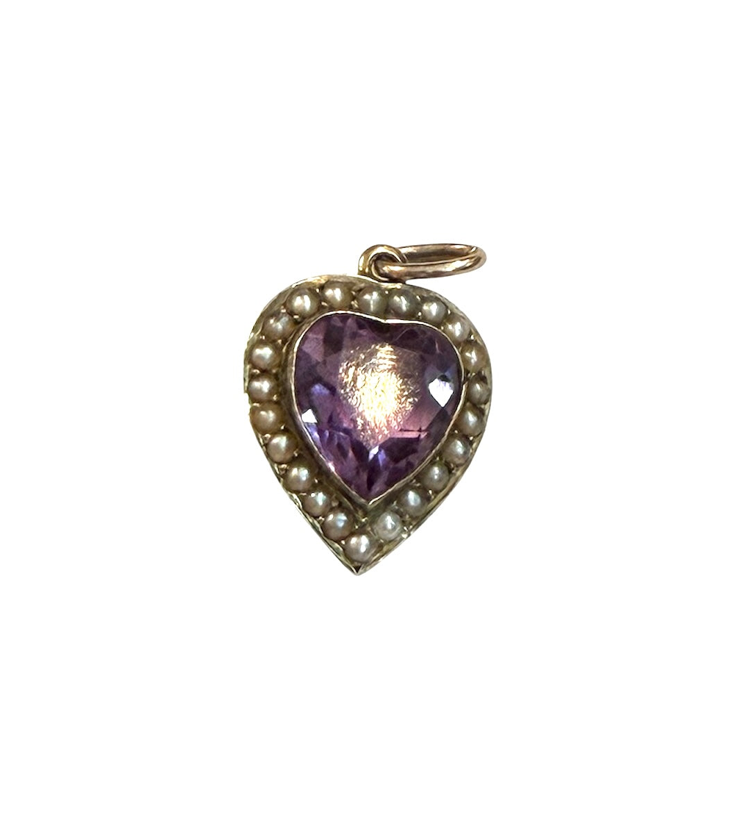 9ct antique heart charm pendant with amethyst and seed pearls