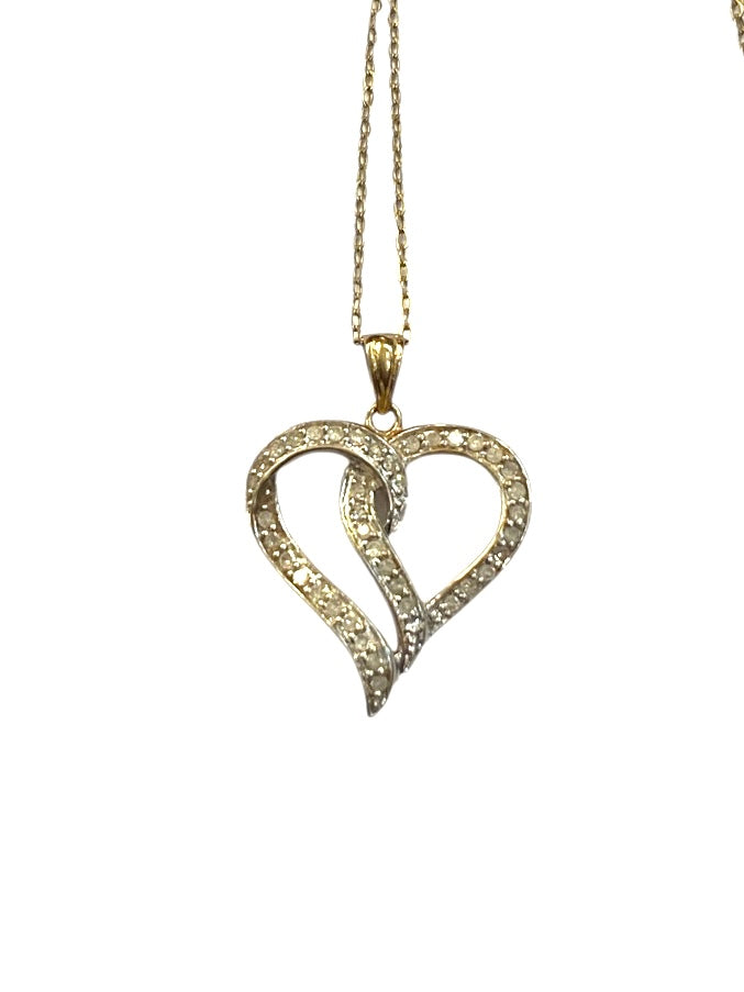 9ct vintage / pre owned double heart diamond pendant and 16 inch chain